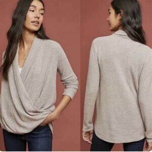 Anthropologie akemi kin + & tan brown waffle surplice wrap sweater top m medium